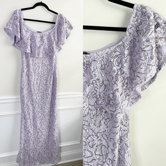 MARINA Dresses & Skirts - Marina sequin embellished purple lilac off the shoulder lace maxi dress size 10
